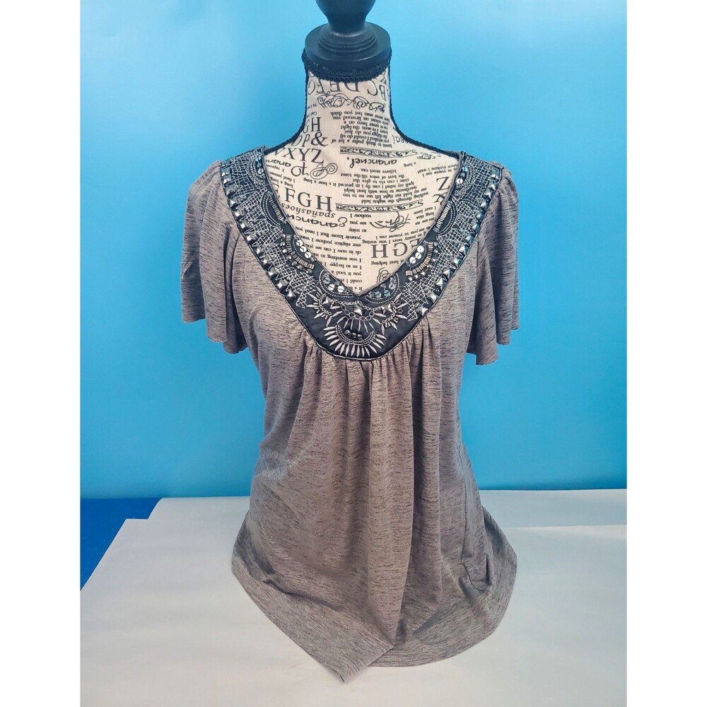 AGB Womens Large Heather Grey Embellished V-Neck Short Sleeve Top Blouse